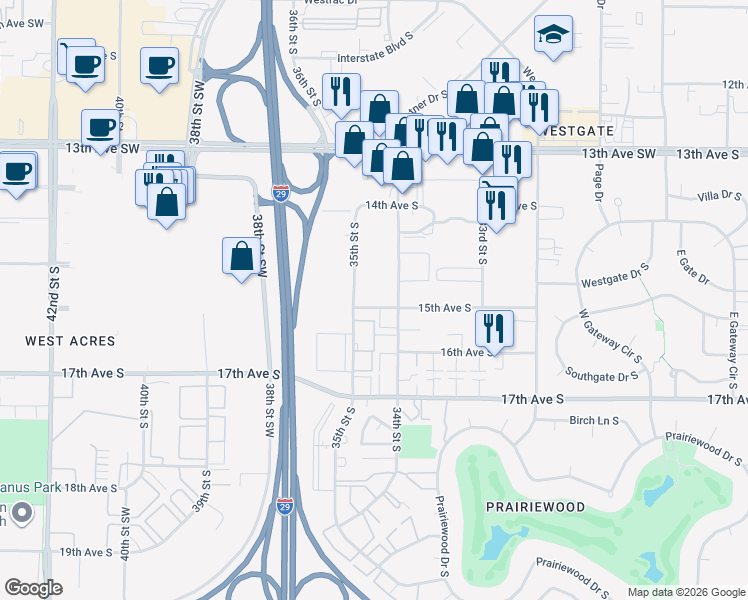map of restaurants, bars, coffee shops, grocery stores, and more near 3417 15th Avenue South in Fargo
