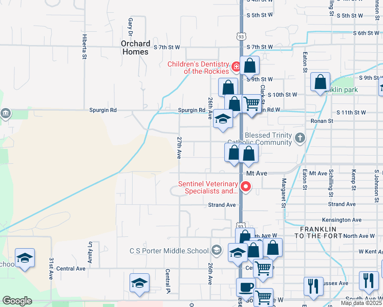 map of restaurants, bars, coffee shops, grocery stores, and more near 2625 Sunset Lane in Missoula