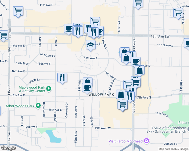 map of restaurants, bars, coffee shops, grocery stores, and more near 4874 16th Avenue South in Fargo