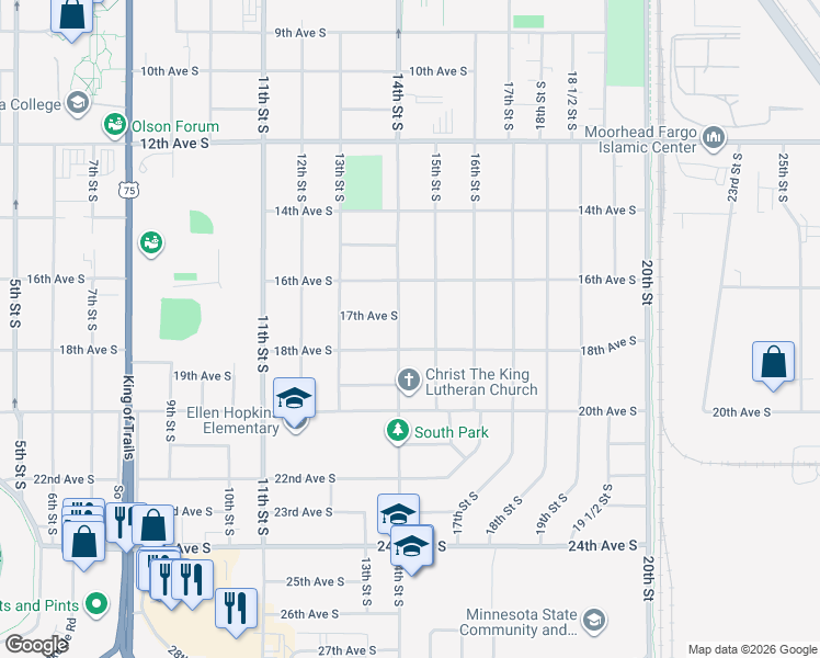 map of restaurants, bars, coffee shops, grocery stores, and more near 1716 14th Street South in Moorhead