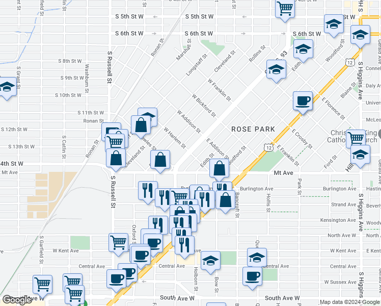 map of restaurants, bars, coffee shops, grocery stores, and more near 101 East Harlem Street in Missoula