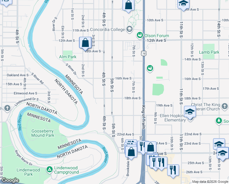 map of restaurants, bars, coffee shops, grocery stores, and more near 1710 5th Street South in Moorhead