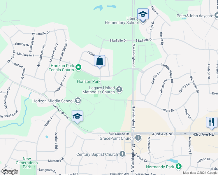 map of restaurants, bars, coffee shops, grocery stores, and more near 4701 Durango Drive in Bismarck