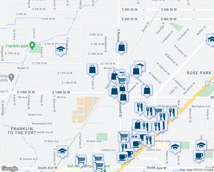 map of restaurants, bars, coffee shops, grocery stores, and more near 1501 South Washburn Street in Missoula
