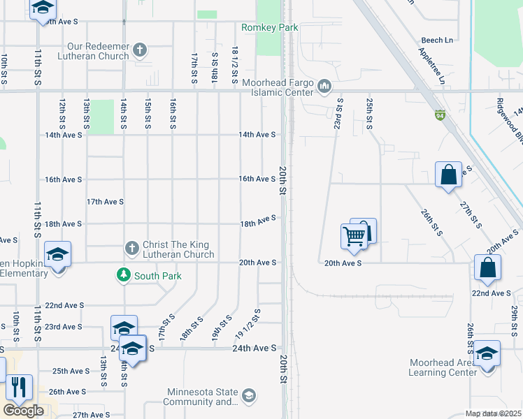 map of restaurants, bars, coffee shops, grocery stores, and more near 1615 20th Street in Moorhead
