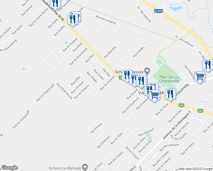 map of restaurants, bars, coffee shops, grocery stores, and more near 1491 Rue de l'Everest in Québec