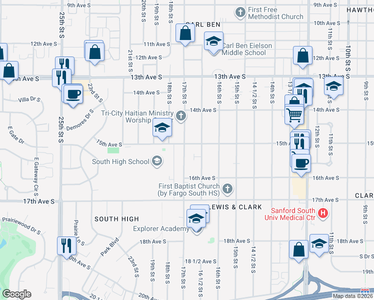 map of restaurants, bars, coffee shops, grocery stores, and more near 1508 17th Street South in Fargo