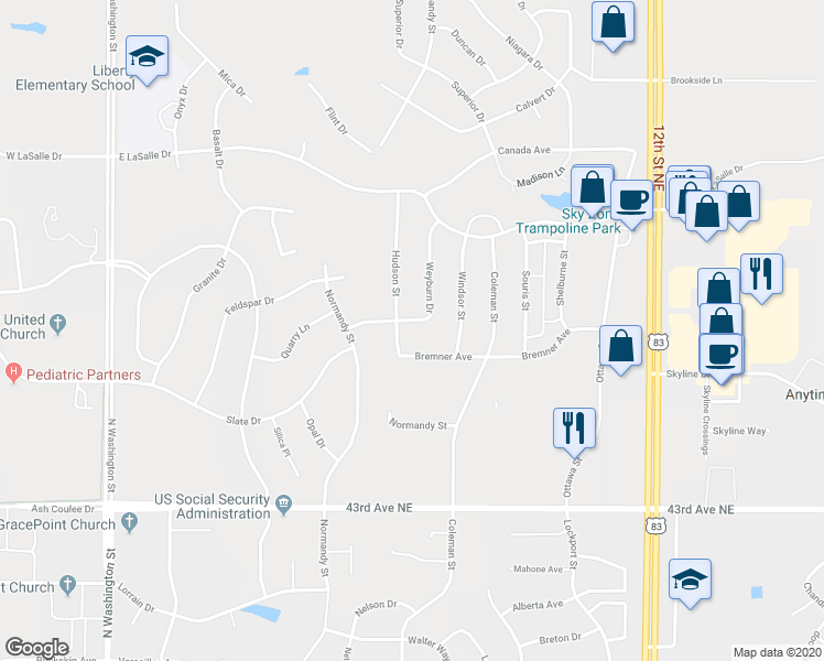 map of restaurants, bars, coffee shops, grocery stores, and more near 713 Weyburn Drive in Bismarck