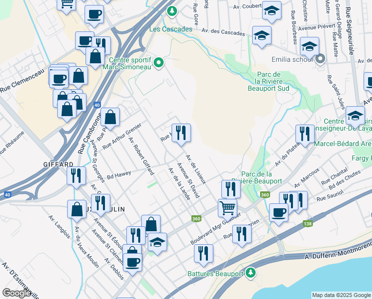 map of restaurants, bars, coffee shops, grocery stores, and more near 2428 Avenue de Lisieux in Québec