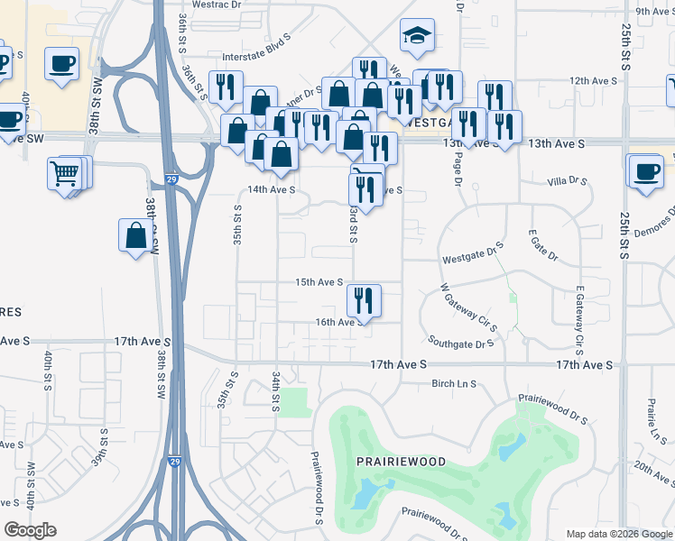 map of restaurants, bars, coffee shops, grocery stores, and more near 3325 15th Avenue South in Fargo