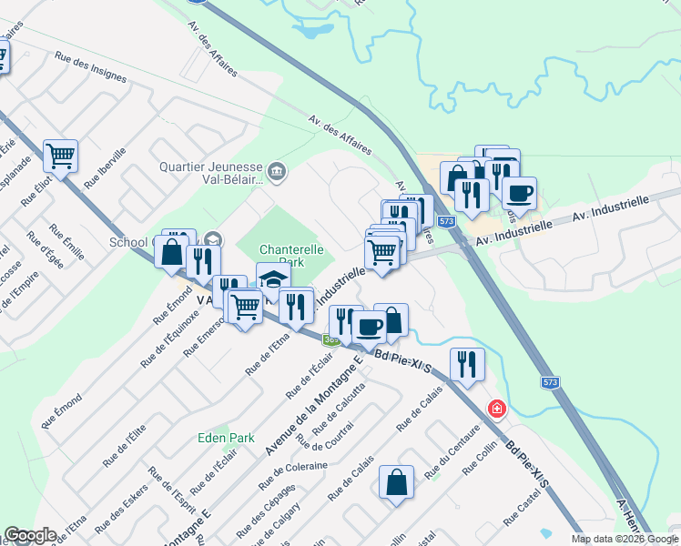 map of restaurants, bars, coffee shops, grocery stores, and more near 1786 Avenue Industrielle in Québec
