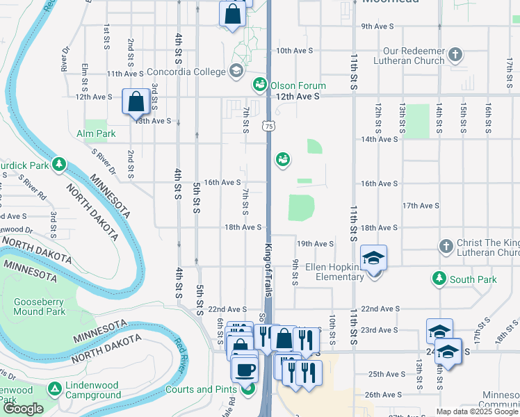 map of restaurants, bars, coffee shops, grocery stores, and more near 1732 8th Street South in Moorhead
