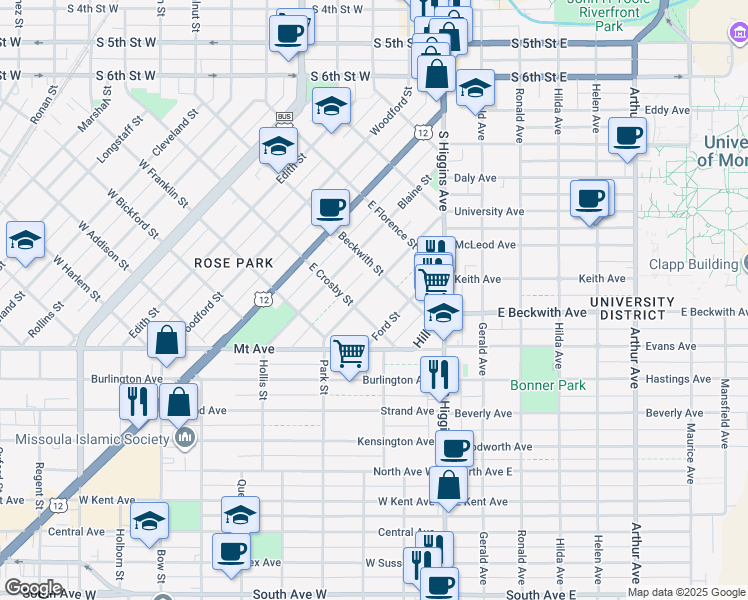 map of restaurants, bars, coffee shops, grocery stores, and more near 526 Plymouth Street in Missoula
