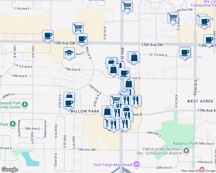 map of restaurants, bars, coffee shops, grocery stores, and more near 1551 45th Street South in Fargo