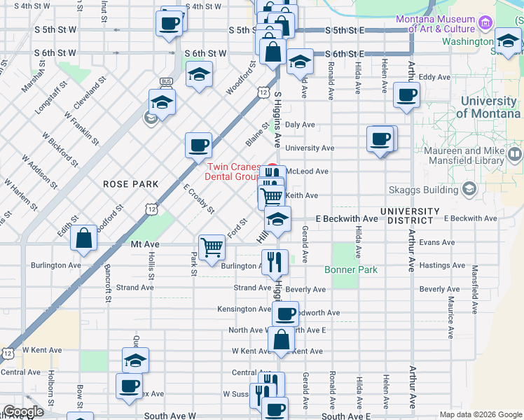 map of restaurants, bars, coffee shops, grocery stores, and more near 701-769 W Beckwith St E in Missoula