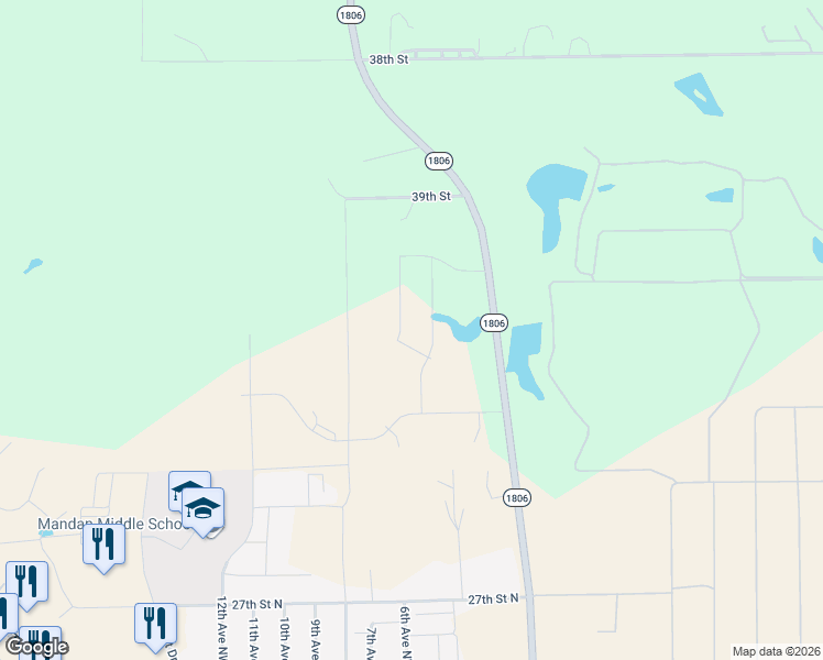 map of restaurants, bars, coffee shops, grocery stores, and more near 404 Beretta Street North in Mandan