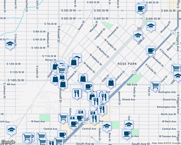 map of restaurants, bars, coffee shops, grocery stores, and more near 1044 Rollins Street in Missoula
