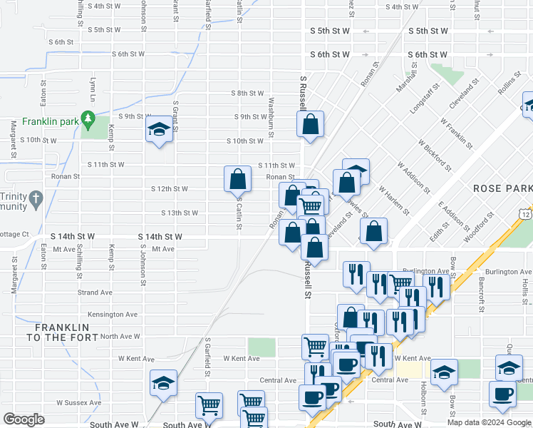 map of restaurants, bars, coffee shops, grocery stores, and more near 1501 South Washburn Street in Missoula