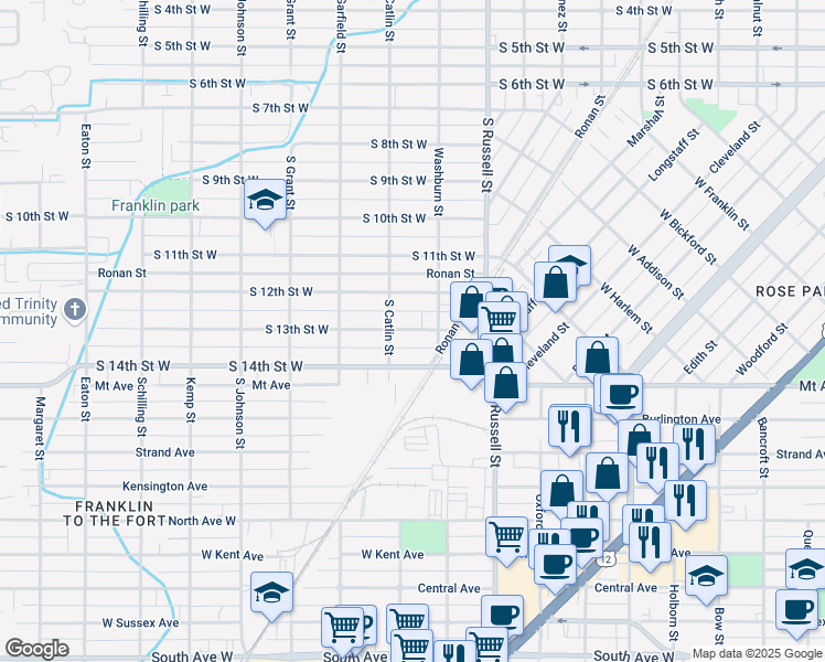 map of restaurants, bars, coffee shops, grocery stores, and more near 1501 South Washburn Street in Missoula