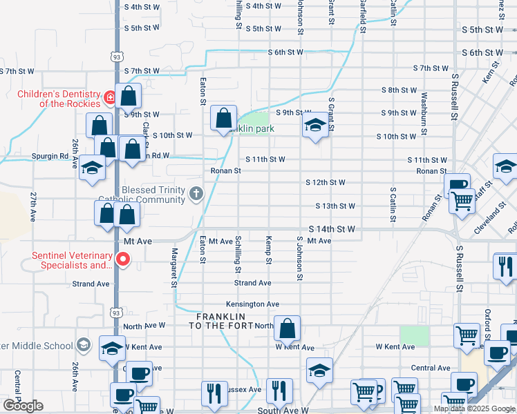 map of restaurants, bars, coffee shops, grocery stores, and more near 2150 South 14th Street West in Missoula