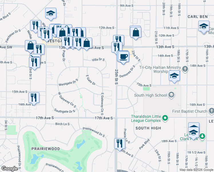 map of restaurants, bars, coffee shops, grocery stores, and more near 1502 East Gateway Circle South in Fargo