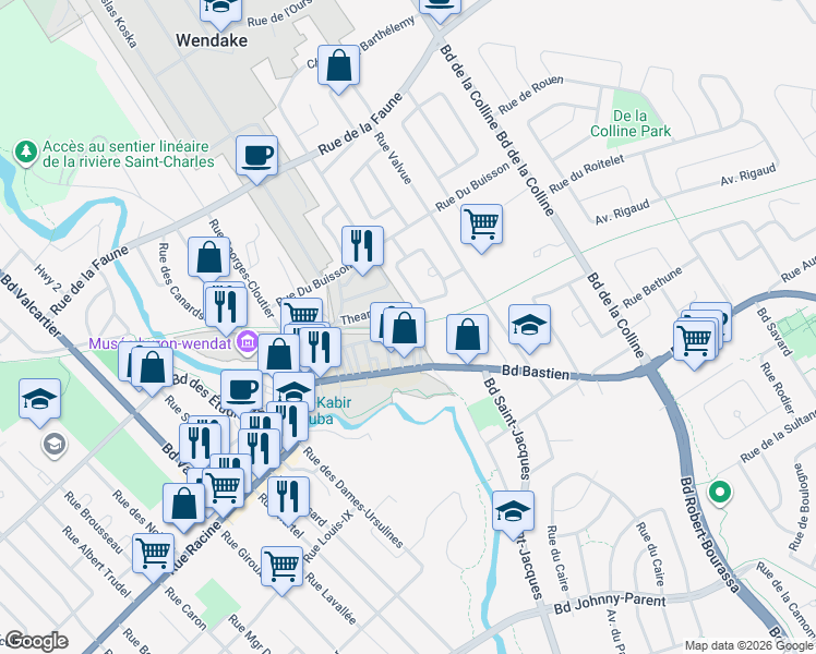 map of restaurants, bars, coffee shops, grocery stores, and more near 20 Rue Huron Wendat in Ville de Québec