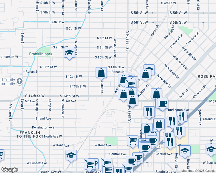 map of restaurants, bars, coffee shops, grocery stores, and more near 1501 South Washburn Street in Missoula