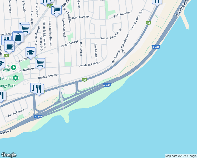 map of restaurants, bars, coffee shops, grocery stores, and more near 3852 Boulevard Sainte-Anne in Québec
