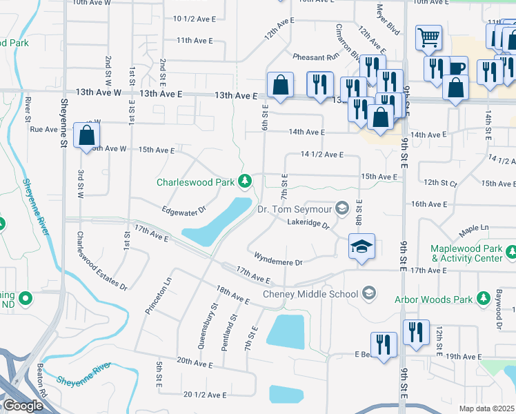 map of restaurants, bars, coffee shops, grocery stores, and more near 1564 6th Street East in West Fargo