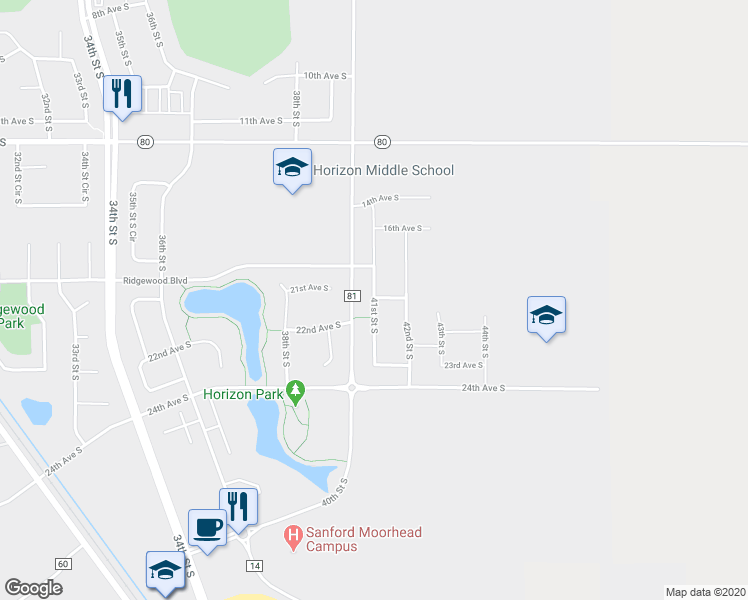 map of restaurants, bars, coffee shops, grocery stores, and more near 1819 41st Street South in Moorhead