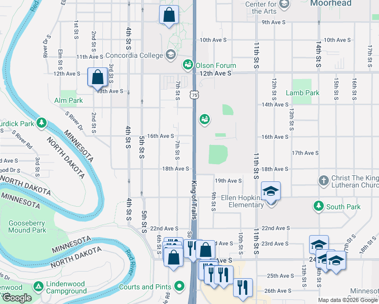 map of restaurants, bars, coffee shops, grocery stores, and more near 1732 8th Street South in Moorhead