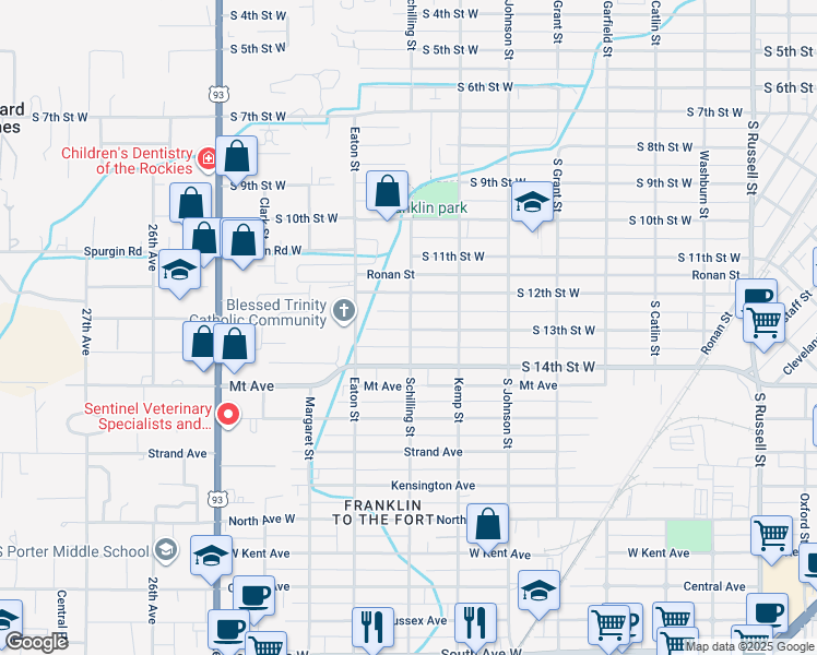 map of restaurants, bars, coffee shops, grocery stores, and more near 2150 South 14th Street West in Missoula