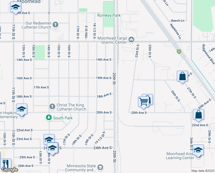 map of restaurants, bars, coffee shops, grocery stores, and more near 1615 20th Street in Moorhead