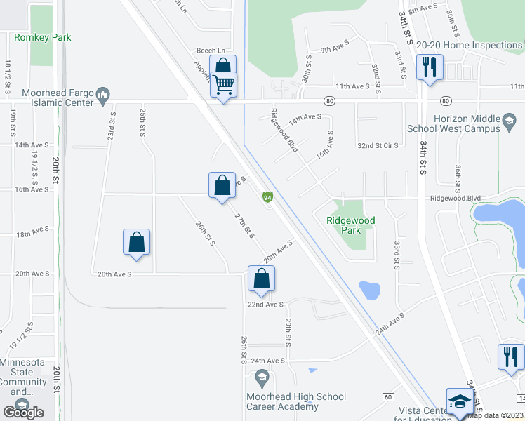 map of restaurants, bars, coffee shops, grocery stores, and more near 1675 Main Avenue Southeast in Moorhead