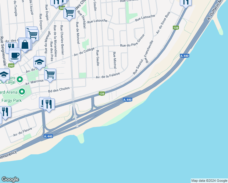 map of restaurants, bars, coffee shops, grocery stores, and more near 3848 Boulevard Sainte-Anne in Québec