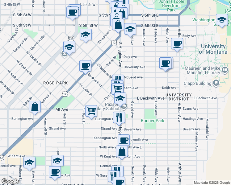 map of restaurants, bars, coffee shops, grocery stores, and more near 701-769 W Beckwith St E in Missoula