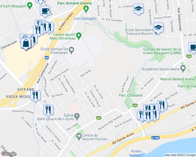 map of restaurants, bars, coffee shops, grocery stores, and more near 2428 Avenue de Lisieux in Québec
