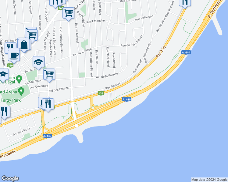 map of restaurants, bars, coffee shops, grocery stores, and more near 3848 Boulevard Sainte-Anne in Québec