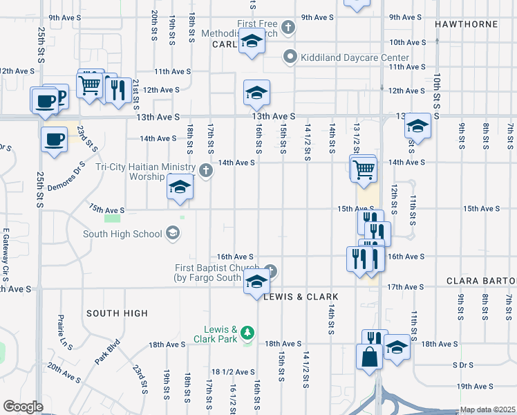 map of restaurants, bars, coffee shops, grocery stores, and more near 1480 16th Street South in Fargo