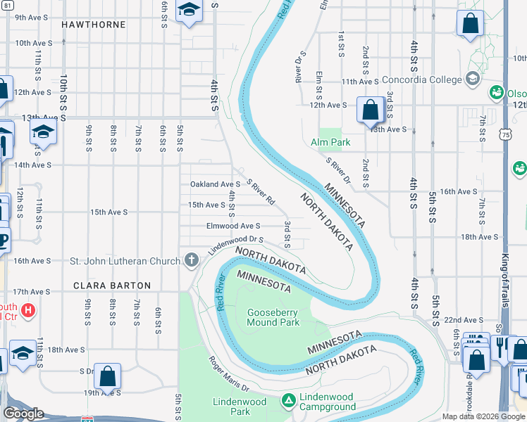 map of restaurants, bars, coffee shops, grocery stores, and more near 338 Elmwood Avenue South in Fargo