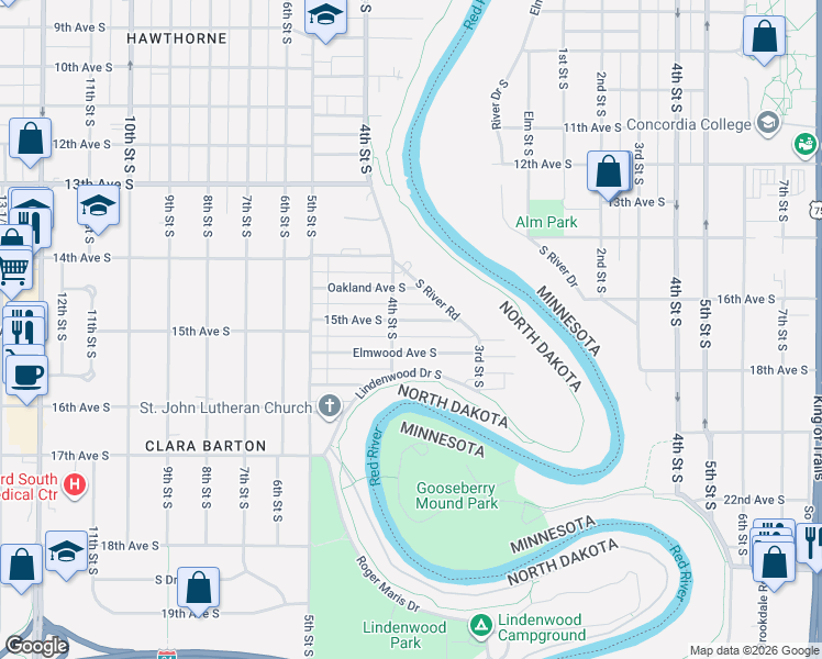 map of restaurants, bars, coffee shops, grocery stores, and more near 374 Elmwood Ave S in Fargo