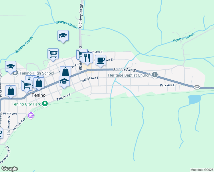 map of restaurants, bars, coffee shops, grocery stores, and more near Park Avenue East in Tenino
