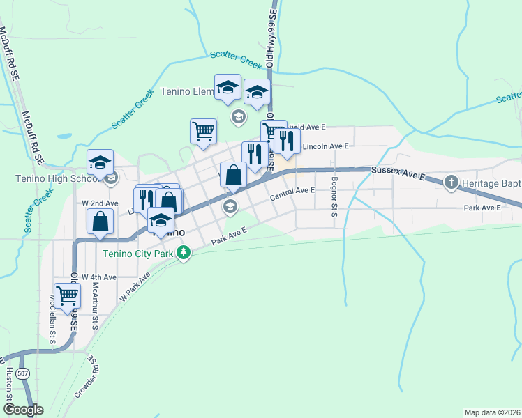 map of restaurants, bars, coffee shops, grocery stores, and more near 425 West Park Avenue in Tenino