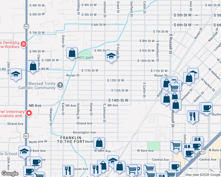 map of restaurants, bars, coffee shops, grocery stores, and more near 1936 South 13th Street West in Missoula