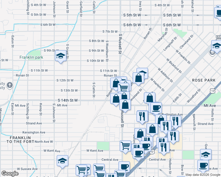 map of restaurants, bars, coffee shops, grocery stores, and more near 1500 South 14th Street West in Missoula