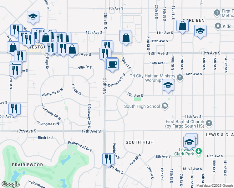 map of restaurants, bars, coffee shops, grocery stores, and more near 2232 North Flickertail Dr S in Fargo