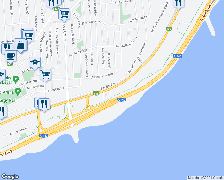 map of restaurants, bars, coffee shops, grocery stores, and more near 3852 Boulevard Sainte-Anne in Québec