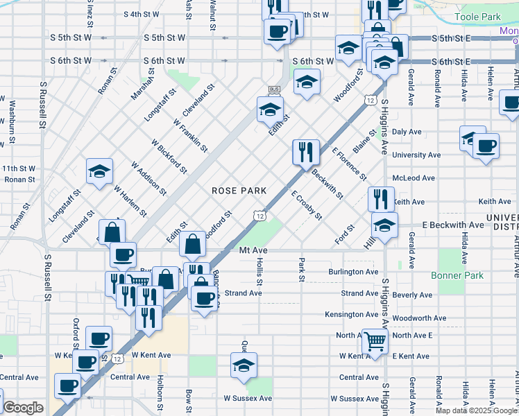 map of restaurants, bars, coffee shops, grocery stores, and more near 621 Brooks Street in Missoula