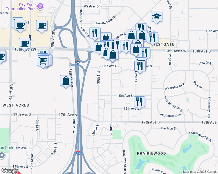 map of restaurants, bars, coffee shops, grocery stores, and more near 1429 34th Street South in Fargo