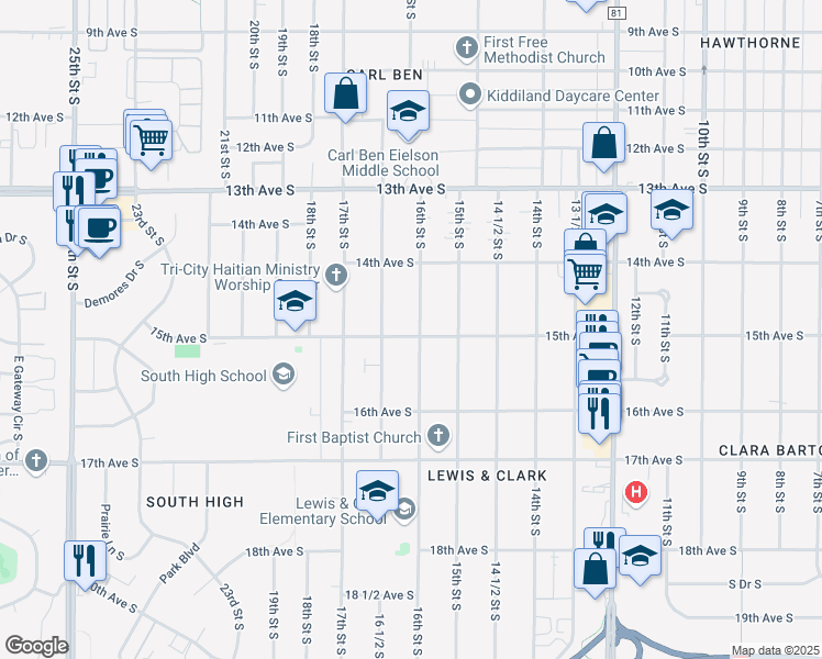 map of restaurants, bars, coffee shops, grocery stores, and more near 1601 15th Avenue South in Fargo